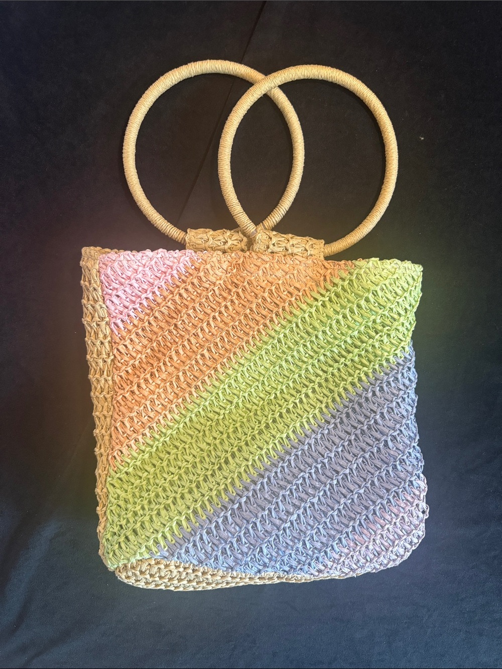 Boho beach Multicolor Straw Tote Bag with Round Handles